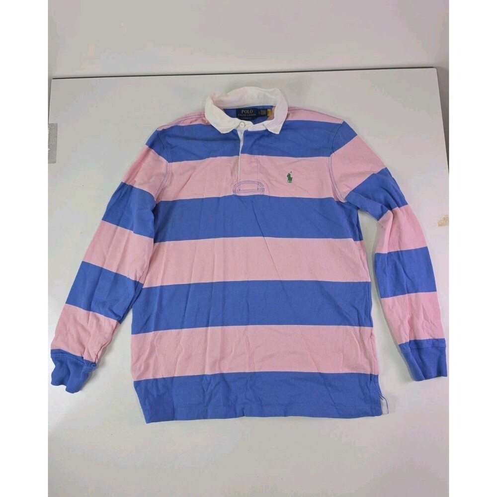 Polo Ralph Lauren Pink Blue Striped Rugby Shirt Mens Large Y2K Prep Hip Hop